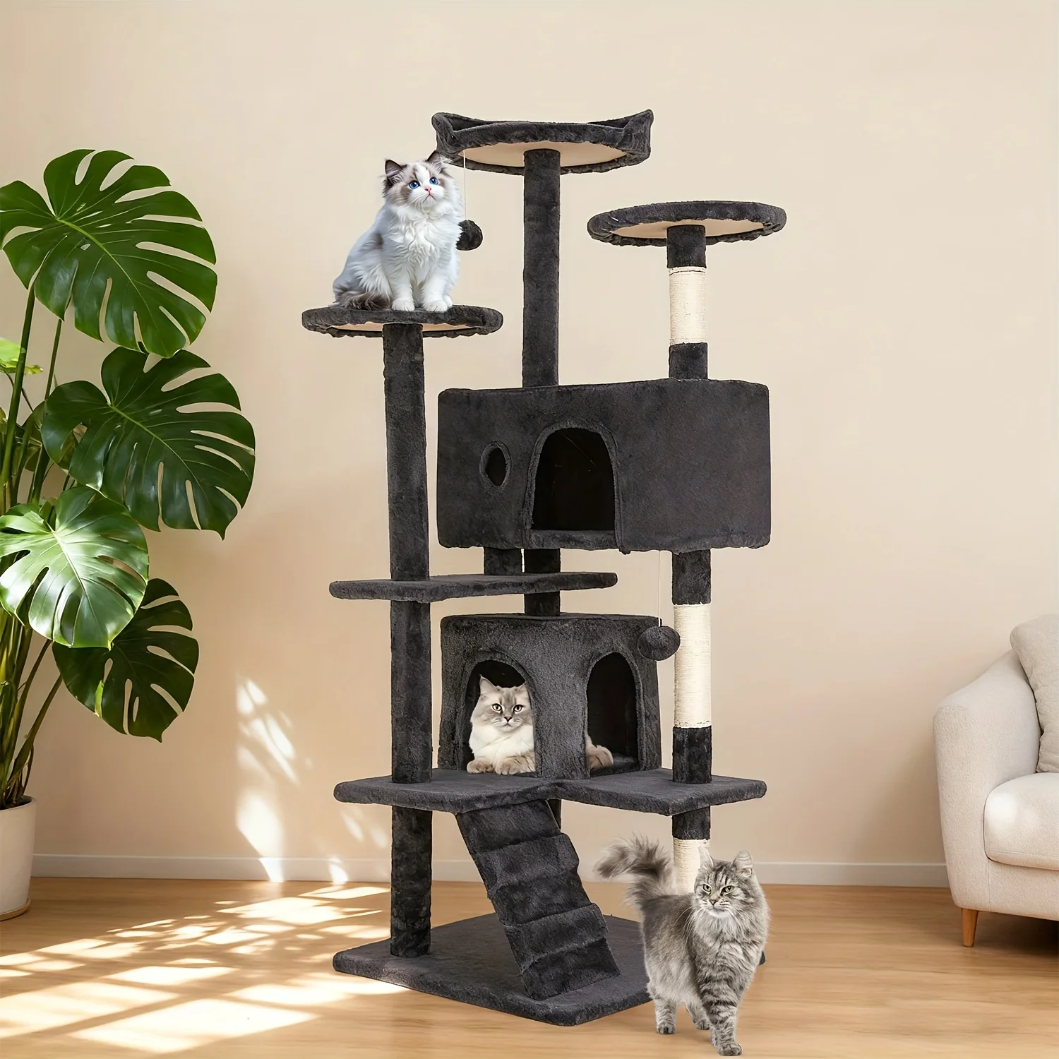 

54/70" Cat Tree Cat Climbing Cat Tower, Multi-layer Durable Cat Scratching Post And Comfortable Fun Cat Jumping Platform, Space Saving Cat Apartment Pet Playroom, Multi-color Option JUYHGV