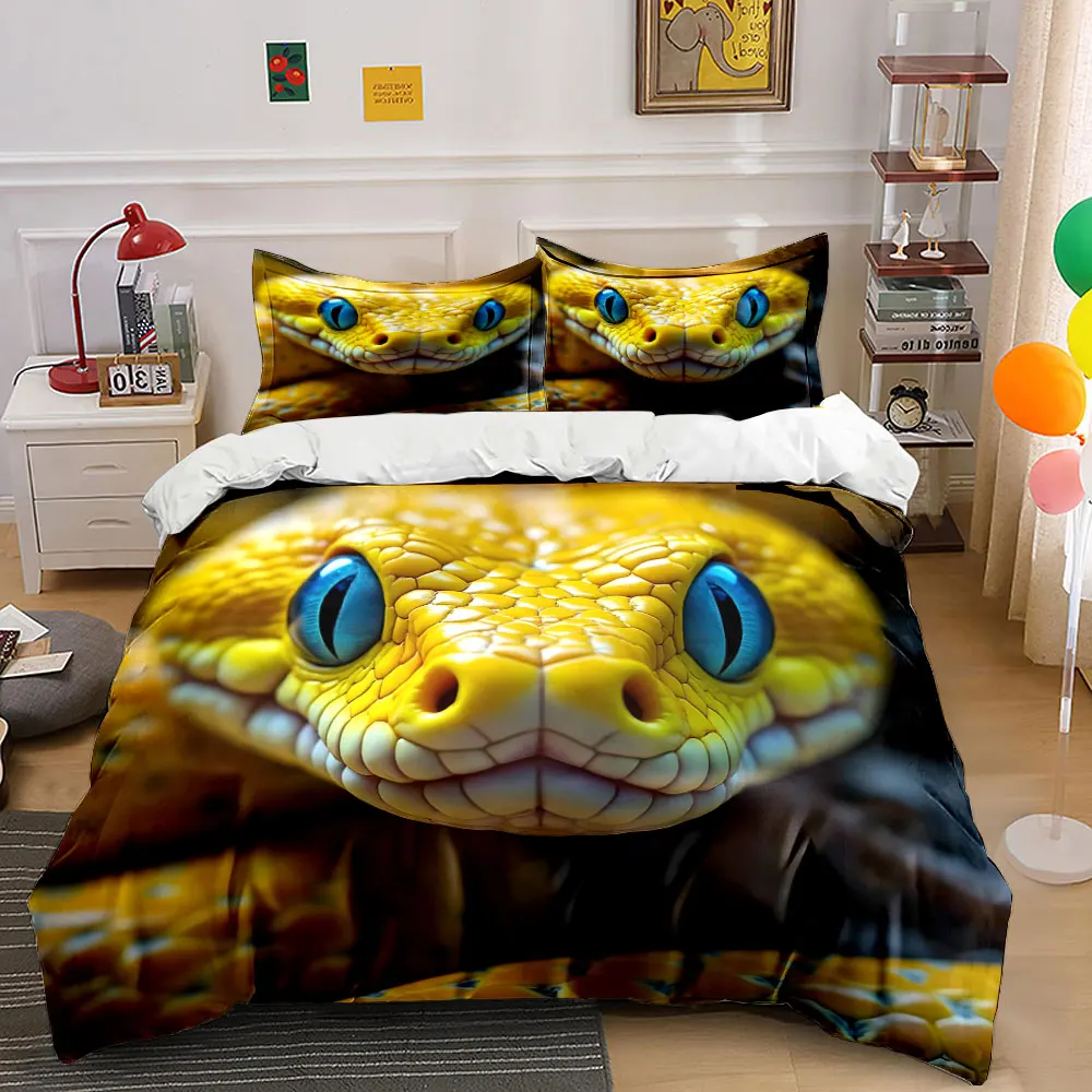 Close-up of yellow snake, blue eyes Duvet Cover Set with 3D Printing Design Soft Polyester Bedding Set All-Season Comfort