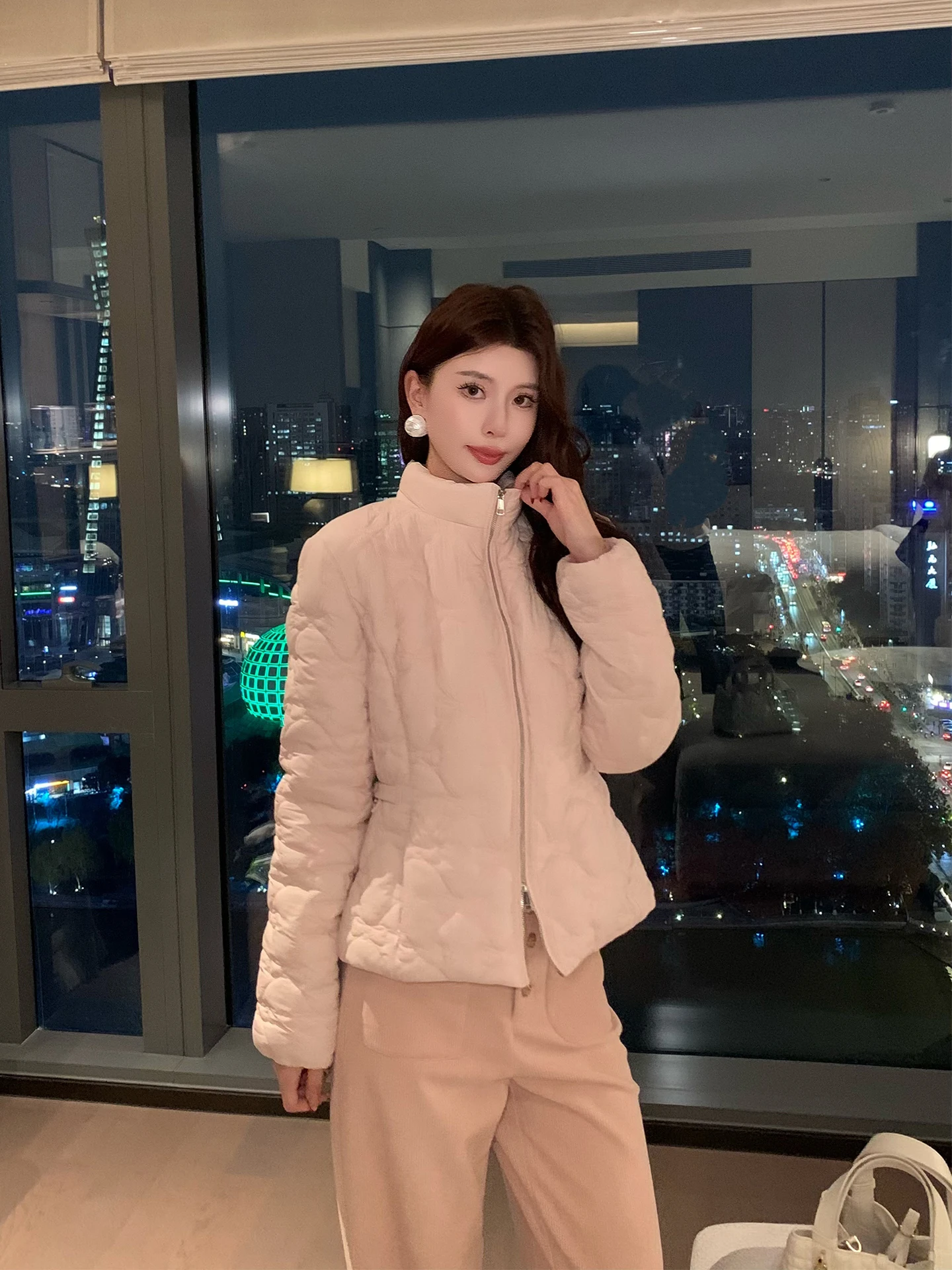 

Pink Stand Collar Goose down Jaet Women's Slimming Winter Coat New Sle Casual Nylon Fabric Warmth Comfortable for Daily Use