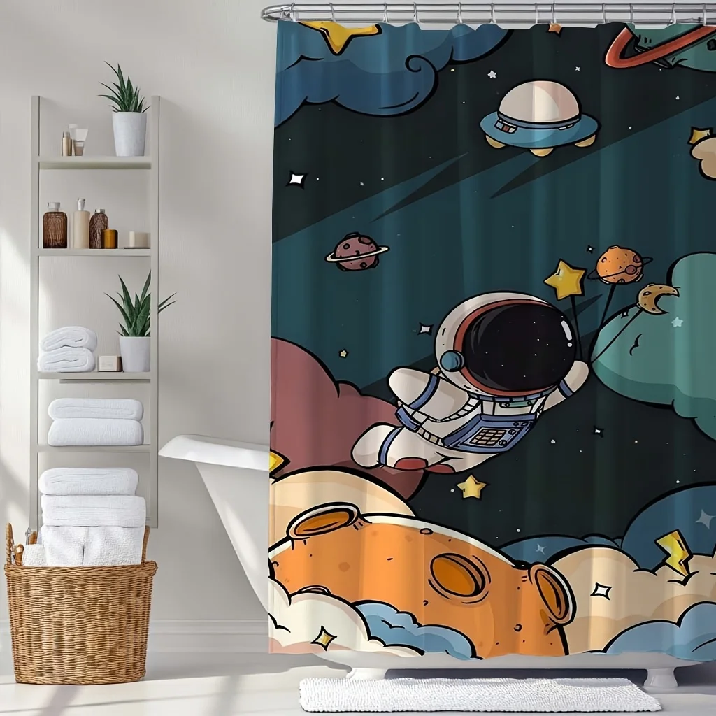 

1pc Shower Curtain Set - Featuring a space astronaut digital print design, made of washable polyester with hooks included