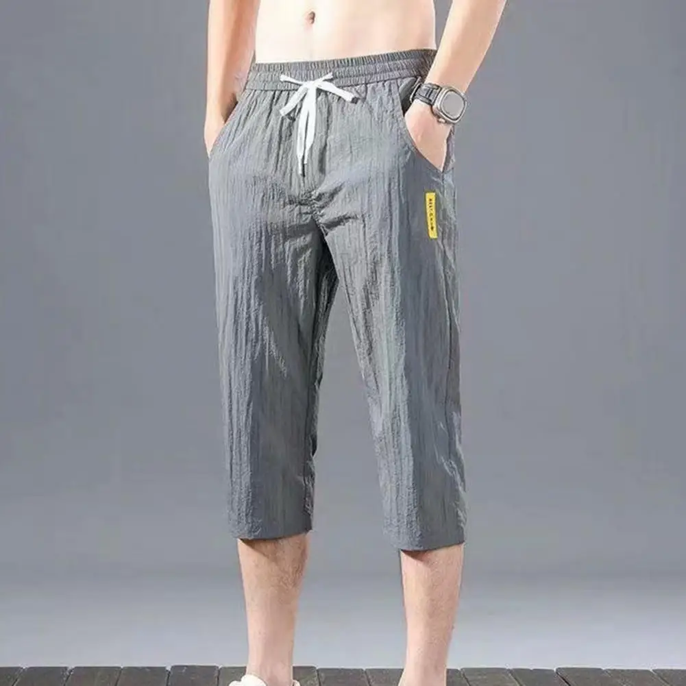 Trendy Summer Sweatpants Long Soft Fabric Slim Fit Elastic Waist Deep Crotch Men Cropped Pants  Men Trousers Leisure