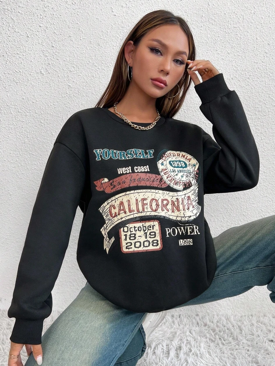 California Yourself Letter Printed Women Sweatshirt Harajuku Casual Hoody Fashion Loose Hoodie Warm Vintage Fleece Female Tops
