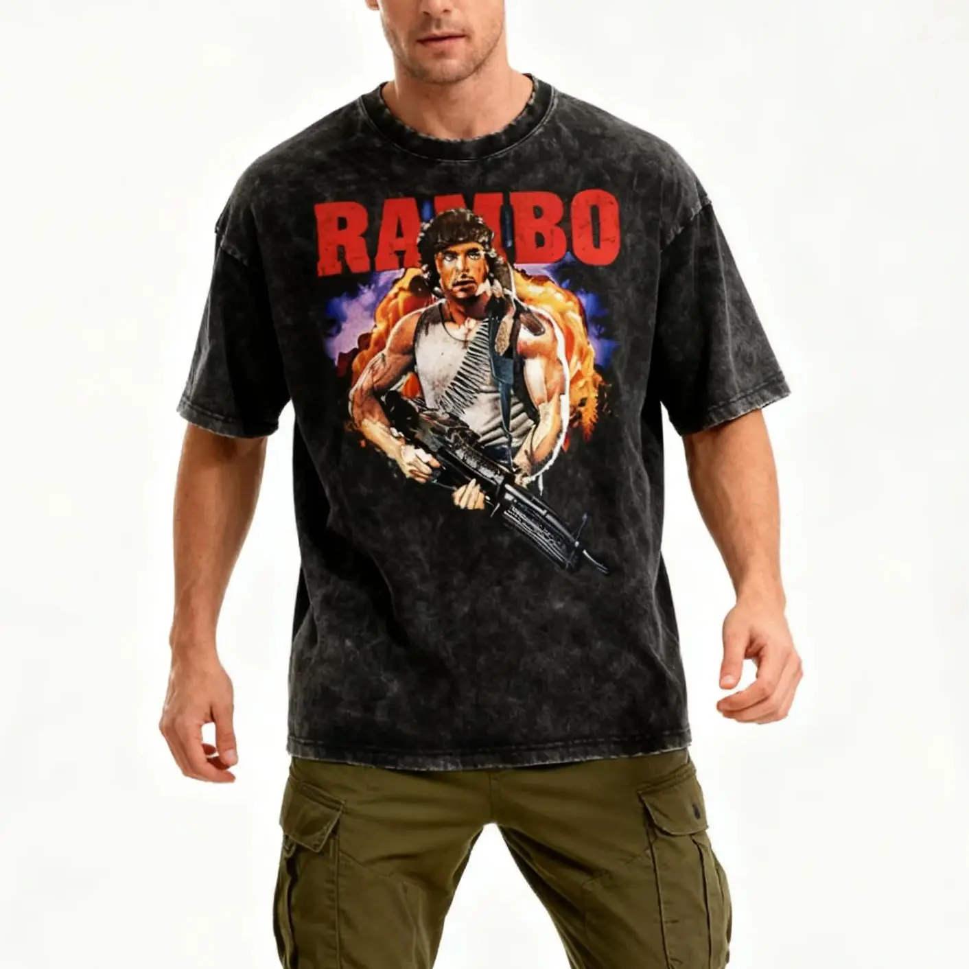 

New Rambo Action Film Hero Graphic Men's Washed Streetwear T shirt Nostalgic Movie themed Relaxed Comfortable Daily Casual Wear