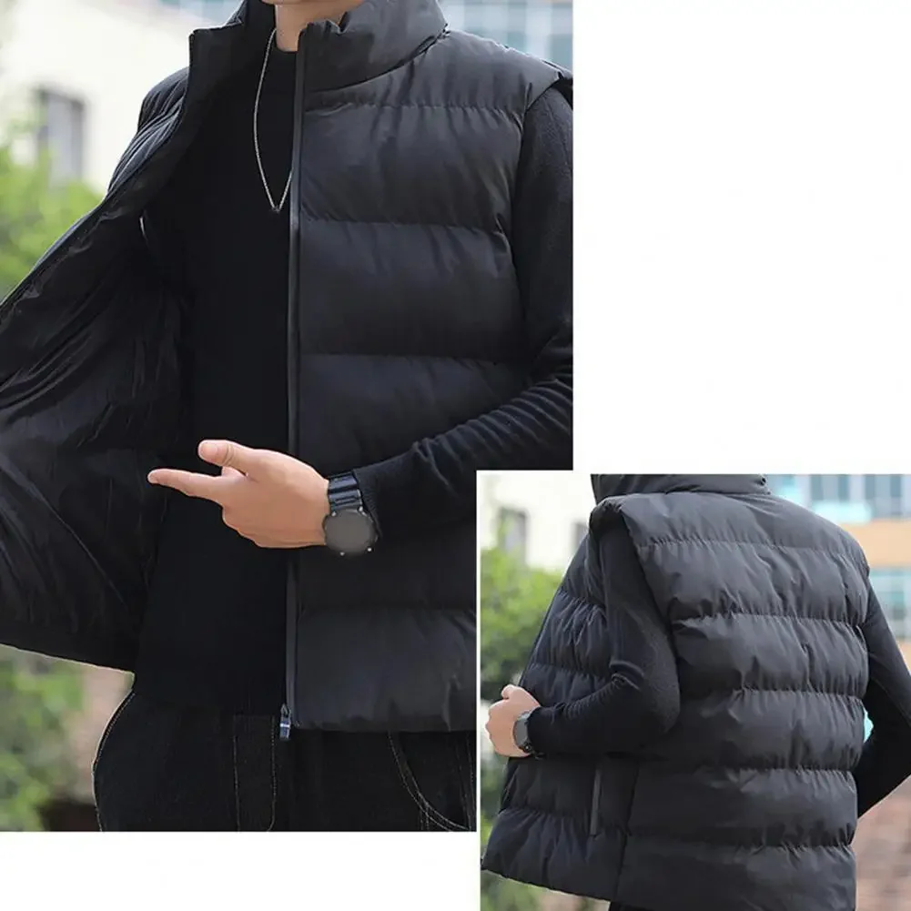 Autumn Winter Men Cotton Vest Thick Warm Men\'s Padded Stand Collar Vest Coat Windproof Vests Zipper Pockets Sleeveless Jacket