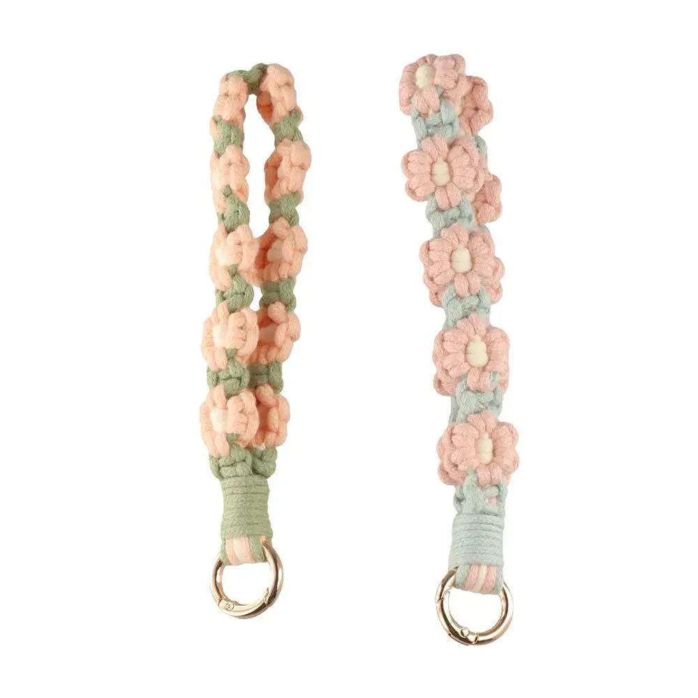 韓国風ボヘミアン風スマホケース用ロープキーホルダー、スマホリストバンド、織りデイジーフラワーキーホルダー、バッグペンダント、バッグハンギング