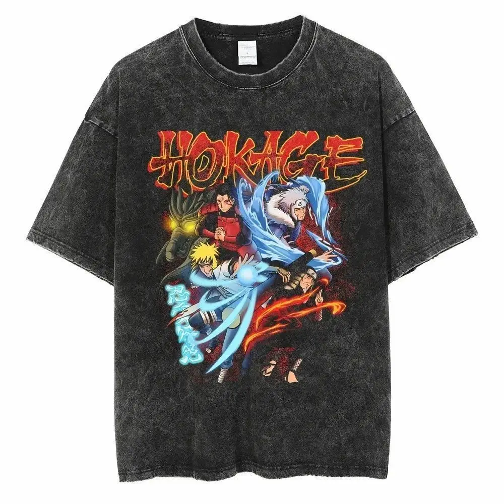 

A Washed, Aged, Retro Japanese-style Naruto Anime Pure Cotton T-shirt for Men in Harajuku's Streets, Summer Short-sleeved