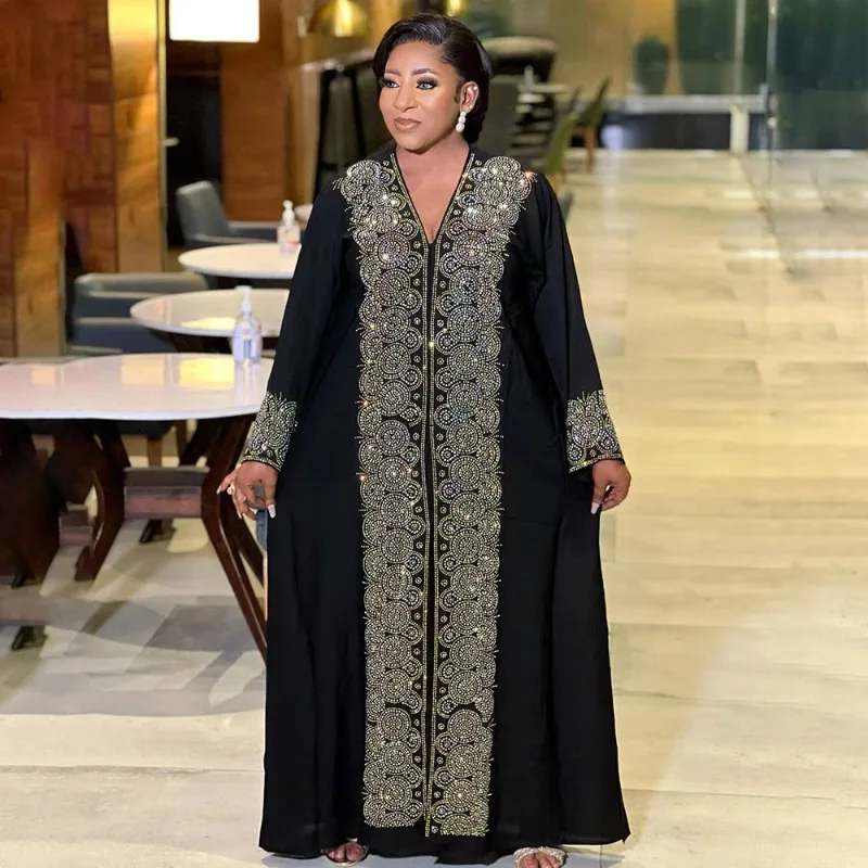 

2023 New African Dresses for Women Summer African Women Long Sleeve Black V-neck Long Dress Robes African Clothes Women
