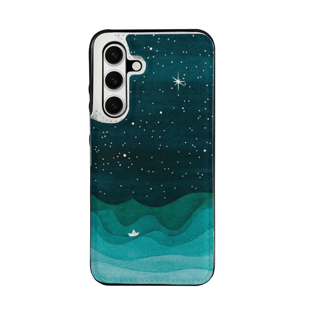 Samsung S24 Series Clamshell Phone Case,Galaxy S24,S24 Plus,S24 Ultra Starry Ocean, teal sailboat watercolor sea waves night