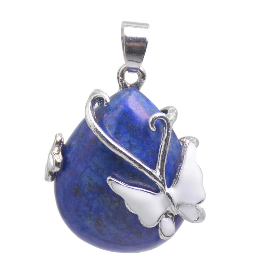 New Natural Stone Amethysts Rose Pink Quartz Opal Water Drop Beads Enamel Butterfly Inlay Pendant for Women Necklaces Jewelry