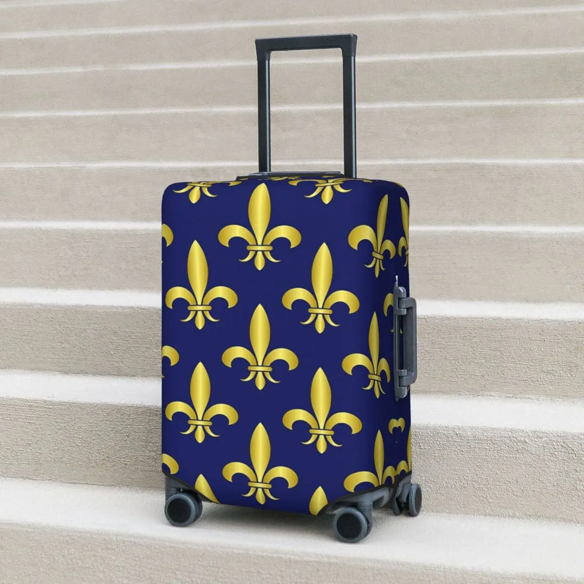 

Gold Blue Fleur De Lis Royal Lily Suitcase Cover Protection Elastic Travel Luggage Protector Covers for 18-32 Inch