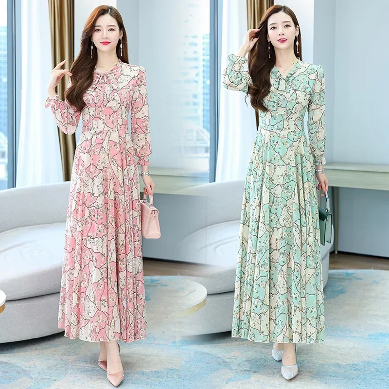 Muslim Women\'s Long-sleeve Dress 2023 Summer Floral  Chiffon Long Evening Party Maxi Dresses  modest dress for women