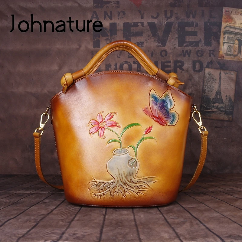 Johnature Handmade Retro Female Luxury Handbags Women Bags 2024 New Bucket Bag Embossing Cowhide Leisure Shoulder & Crossbody