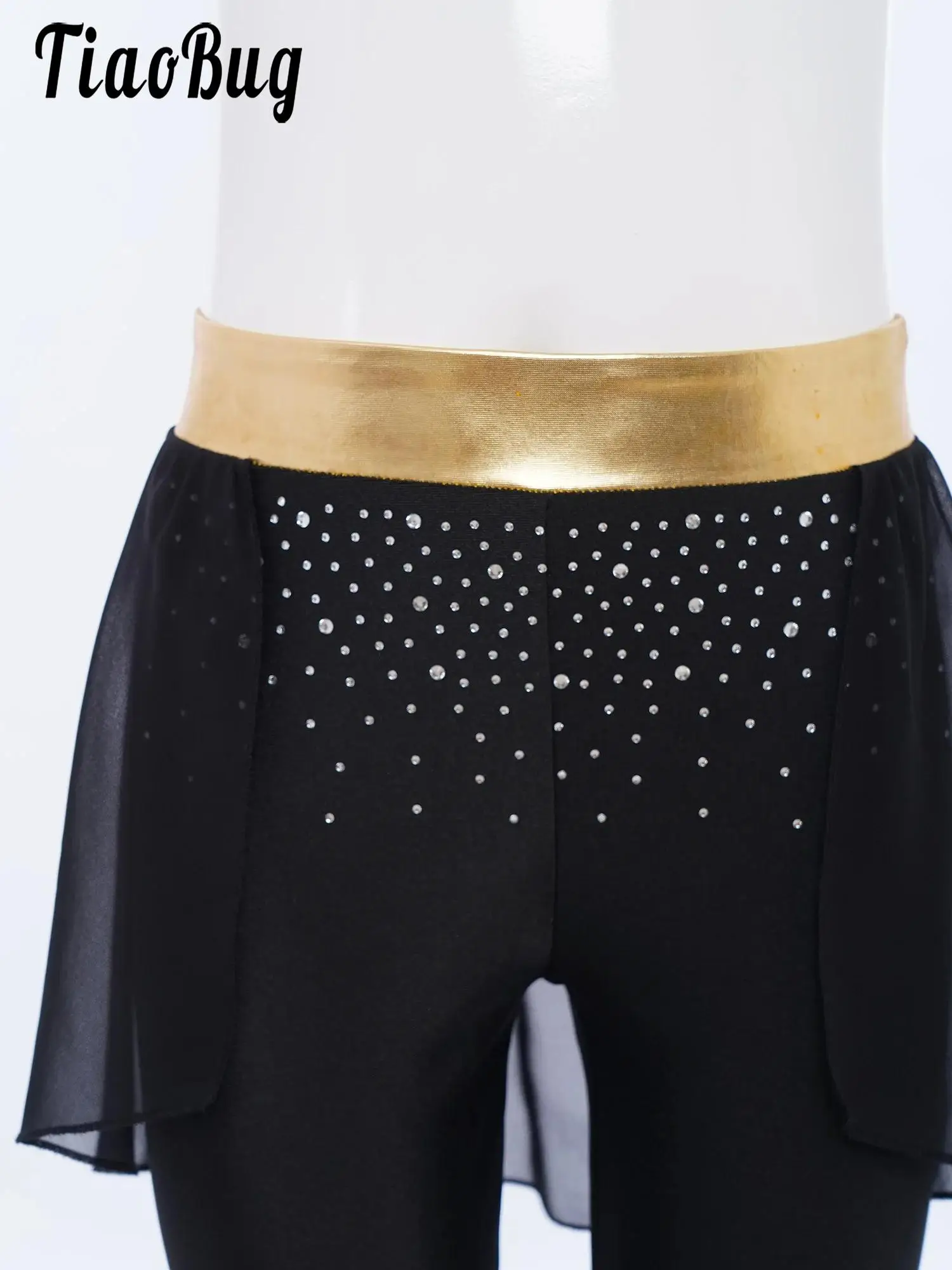 

Girls Figure Skating Dance Costume Leggings Patchwork Chiffon Panel Skirt Modern Ballet Jazz Dancing Pants Performance Costumes