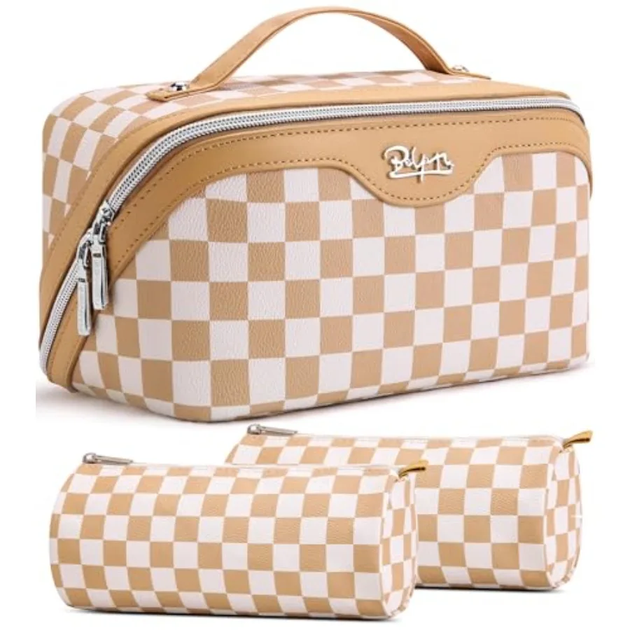 

Travel Makeup Bag Organizer Cosmetic Bag: 3 Pcs Set Make up Bags for Women with Handle - Waterproof Vegan Leather Toiletry Bag