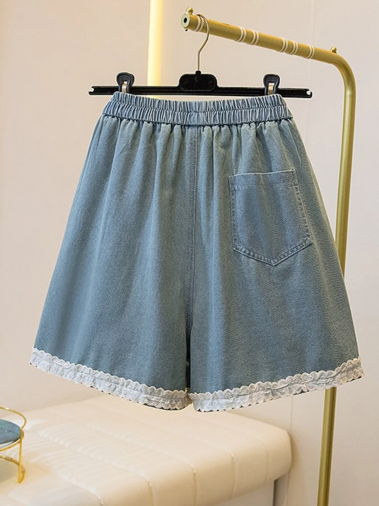 Damskie szorty jeansowe z koronkowym haftem, letnie, nowe, z wysokim stanem, cienkie, luźne, designerskie, modne, z szerokimi nogawkami, długość do połowy łydki.