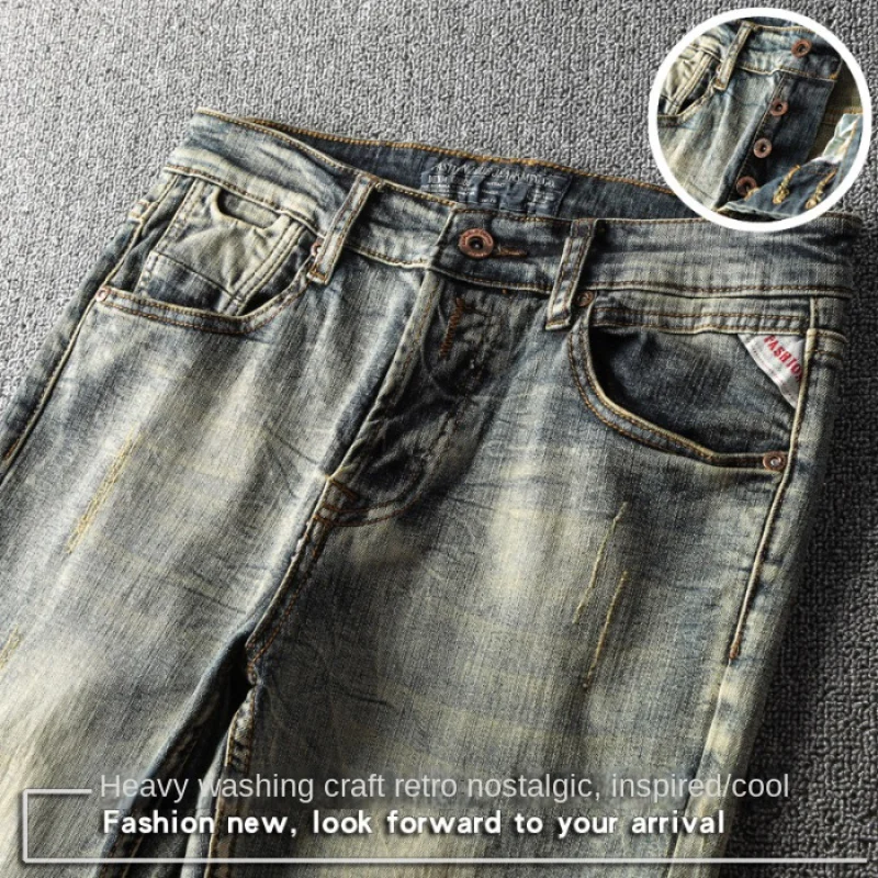 Classic Retro Men's Washed Worn Jeans Men's High-End Fashion Brand American Slim Straight Stretch Motorcycle Tappered Pants