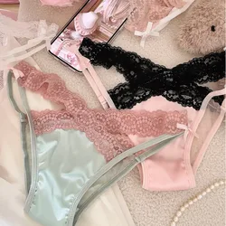 SP&CITY Cross Belt Lace Transparent Sexy Women's Underpants Low Waist Mesh Hollowed Bow Panties Cotton Crotch Breathable Briefs