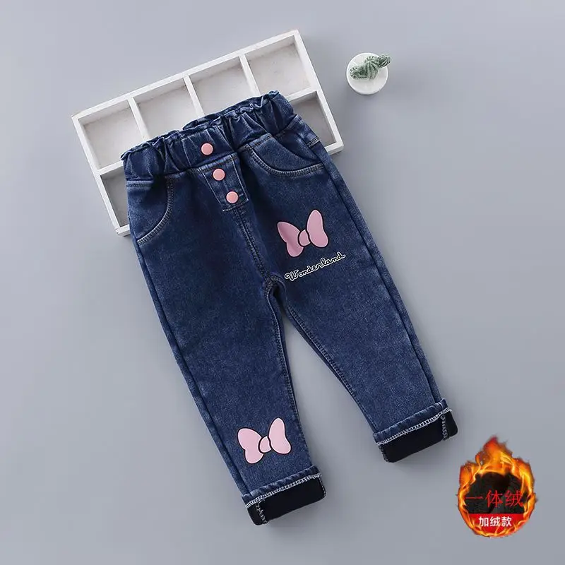 Autumn Winter Children\'s Jeans Boys and Girls Korean High Waist Printed Cartoon Plush pants Infant and toddler warm pants