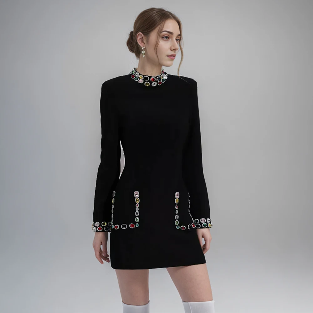 Solid Patchwork Diamonds Temperament Dresses For Women Stand Collar Long Sleeve High Waist Slimming Mini Dress Female New