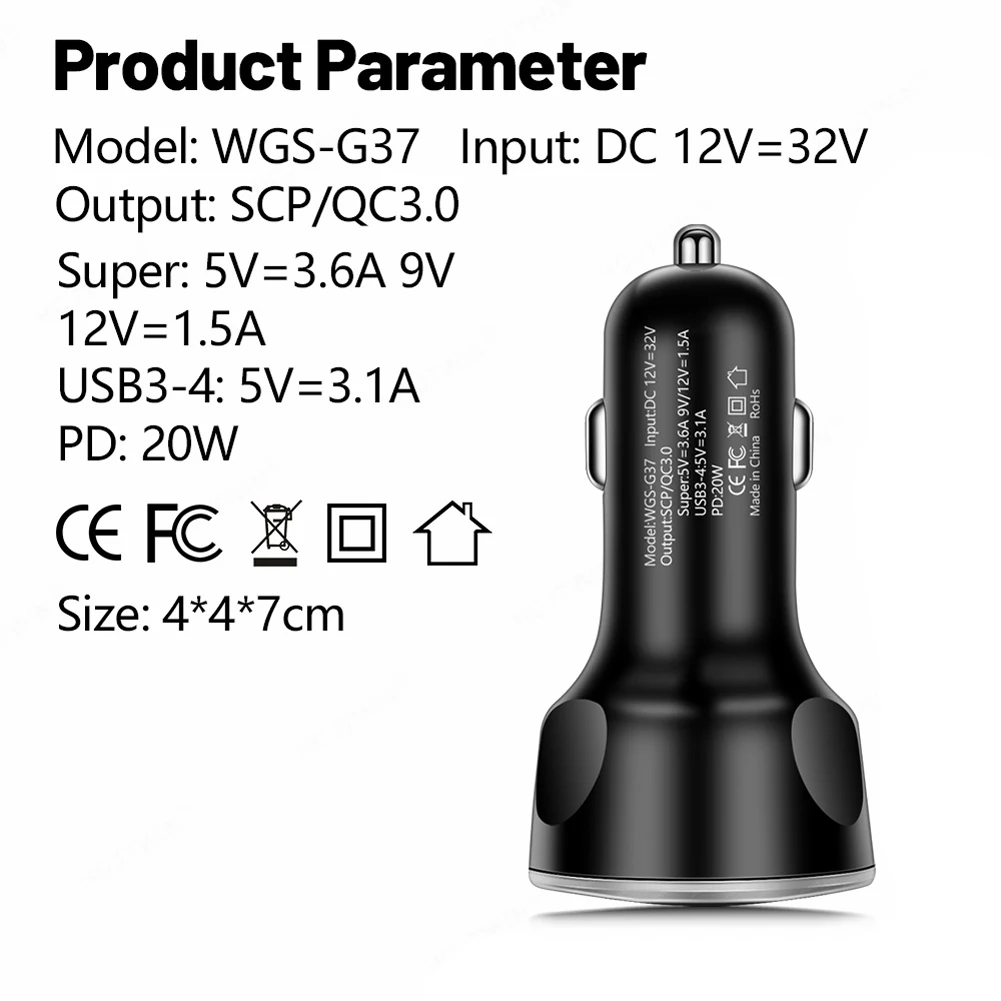 20W Power Adapter 5 Ports Car Phone Charger PD QC3.0 Charger Adapter 5V 3.1A Fast Charging for iPhone Samsung for Huawei Xiaomi