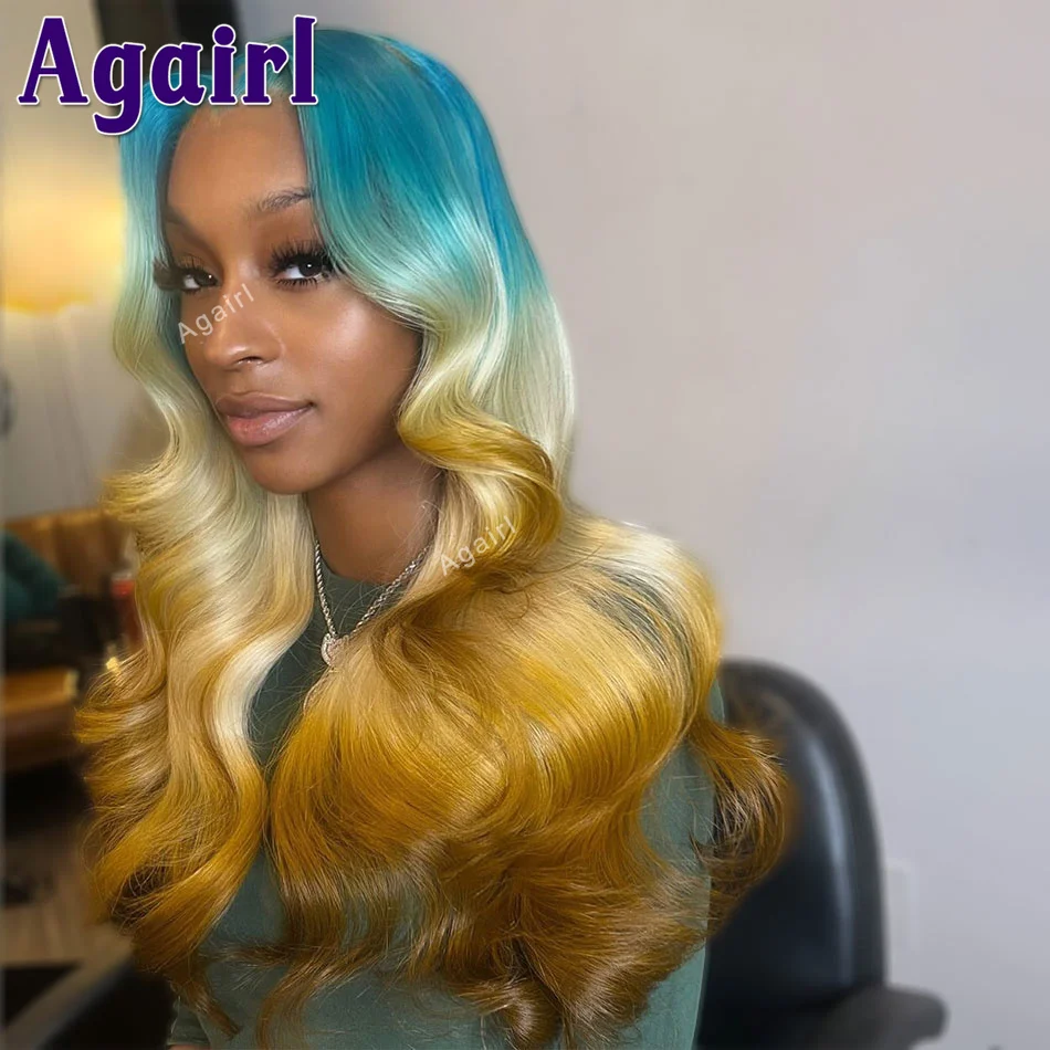 

30Inch Ombre Blue Yellow Brown 613 Colored Lace Front Human Hair Wigs 13x6 13X4 Lace Frontal Body Wave Wig For Women 200 Density