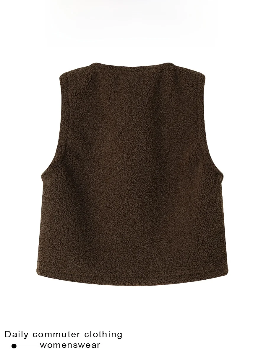 Coshehkg Lamb Fur Sleeveless Vest Women's Spring Autumn Fashionable Versatile round Neck Inner Wear Casual Style Warmth