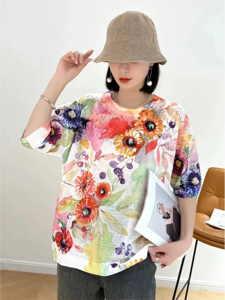 Oversized Summer Knitted T-Shirts Tops Women Loose Fashion Flower Floral Print Ladies Blouses Casual Short Sleeve Woman Tops