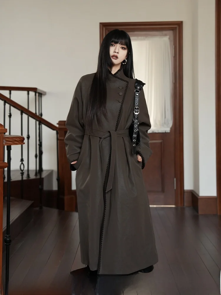 

Retro Design Long Stand Collar Leather Jaet down Coat Women's Loose Fit Waist-Cinching Autumn Winter Outerwear Coat