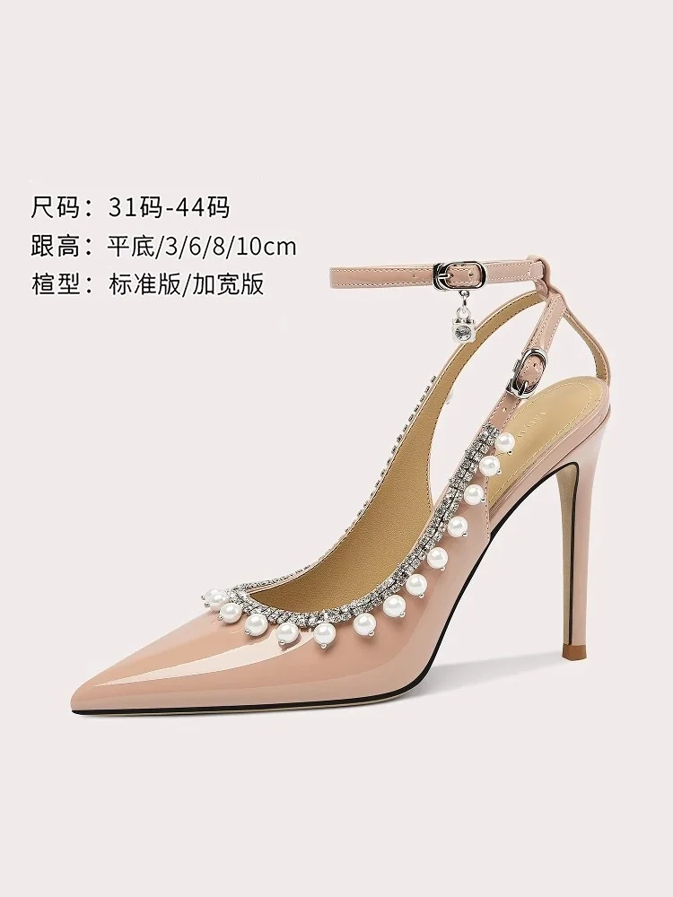 

Spring pointed toe patent leather pearl rhinestone flat shoes thin high-heeled banquet dress large size small size women sandals