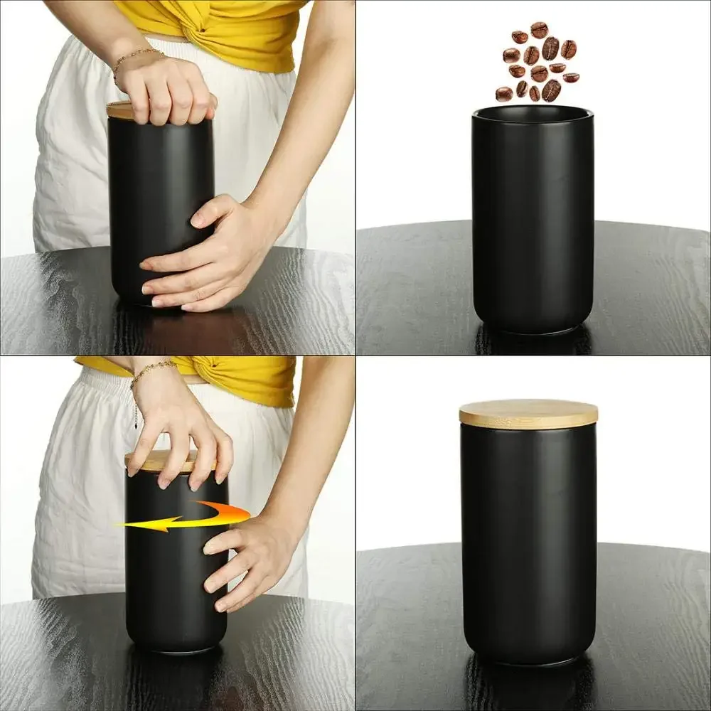 Ceramic Food Storage Jar Canister with Airtight Wooden Lid, Loose Tea Coffee Sugar Spice Nuts Snacks Seasonings Storage