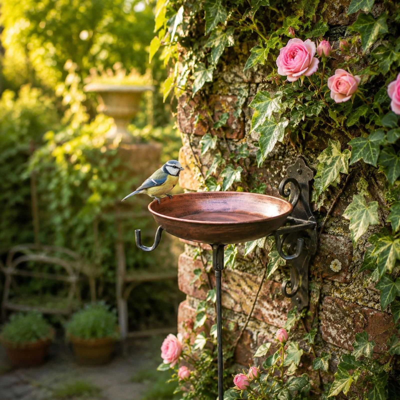 Metal Bird Bath Feeder Side Hooks Bird Bath Stake Feeder Garden Decor Multi Use Yard Ornament Waterproof view 4