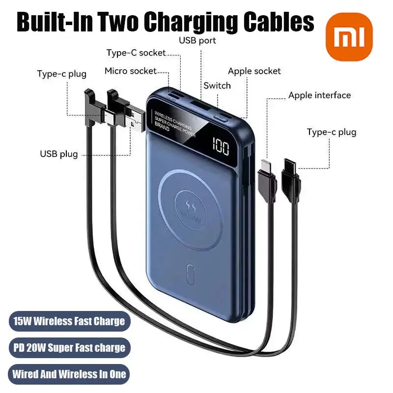 Xiaomi Power Bank 50000mah Wireless Charging For Magsafe Magnetic Charging Built-in Wire Mobile Phone Battery For IPhone Xiaomi