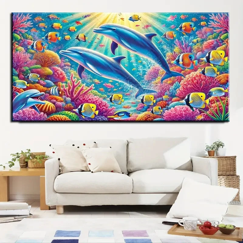 Large Size Vibrant Coral Reefs,Marine Life,5D Diamond Painting Full Square Round Sea Dolphins Diamond Mosaic DIY Cross Stitch