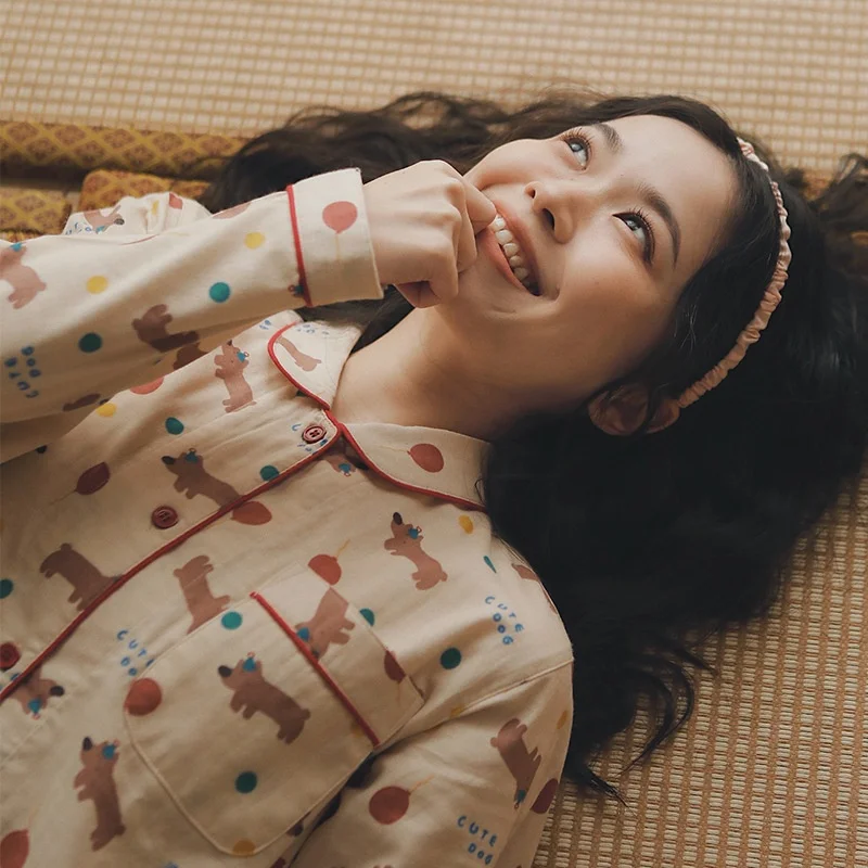 

Cartoon Print Cotton Pajamas Long Sve Home Clothes Set for Women plus Size Comfortable Breathable Spwear Spring Autumn