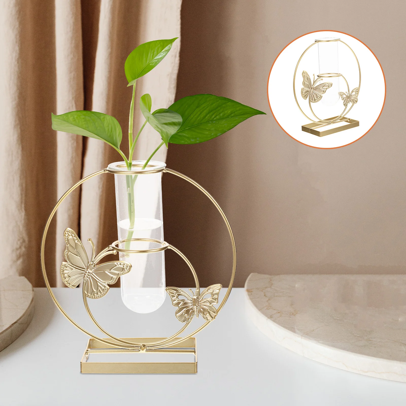 

Decorative Hollow Flower Vase Clear Glass Hydroponic Flower Pot Unique Round Metal Stand Vase Wedding Home Garden Balcony