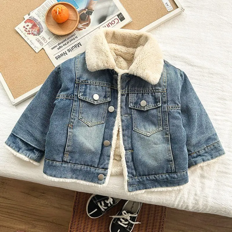 Boys Denim Plush Jacket  New Children's Autumn And Winter Overcoat Fashion Kids Outfit Thickened Top Baby Cool Winter Jacket