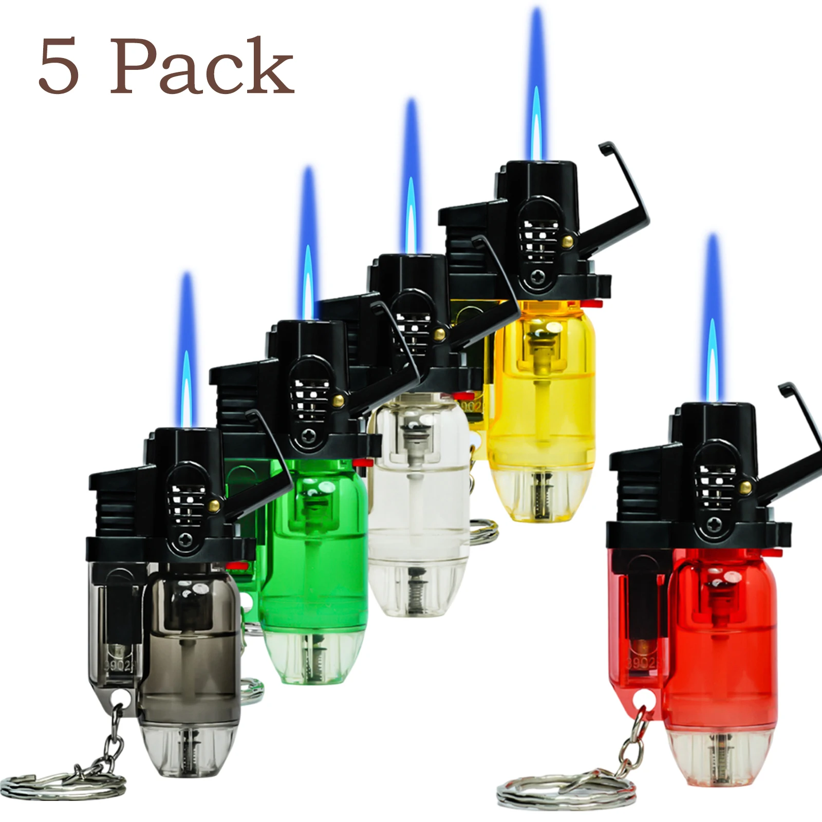 

5 Pack of Cool Jet Flame Torch Lighter Refillable Butane Windproof Design with Keychain and Flame Fixed Lock(Without Butane)