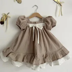 2025 New Summer European American Style 2-6 Yrs Baby Girl Party Dress Short Sleeved Cotton Splicing Kids Princess Dresses