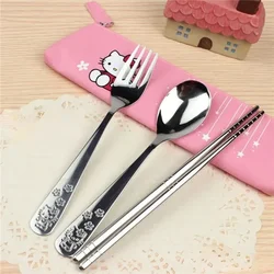 Kawaii sanrioed hello kittys Besteck Set Anime Cartoon Baby Mahlzeit Metall löffel Gabel Essstäbchen tragbares Besteck Kinder geschenk