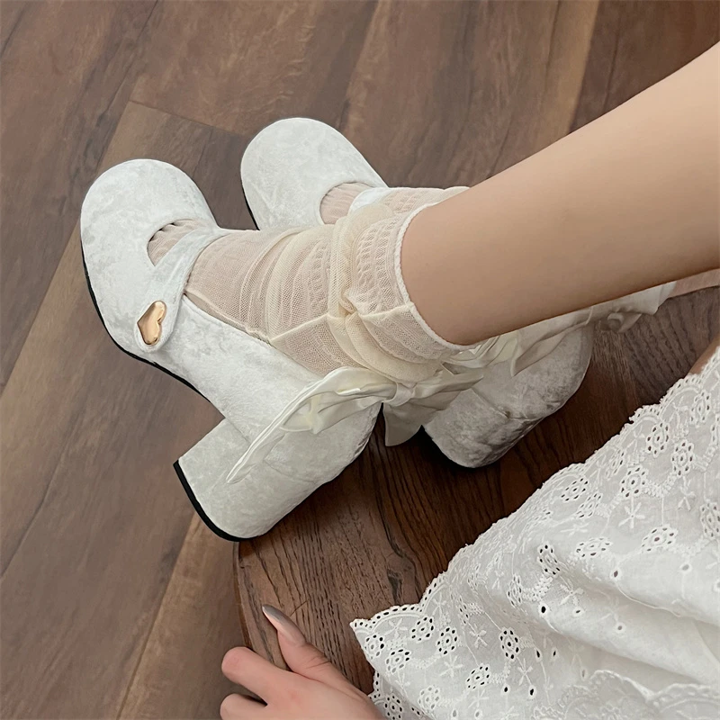 

Trendy Elegant Bowknot Girls Mary Jane Shoes Buckle Single Shoes College Style Footwear High Heel Pumps Thick Heel Shoes