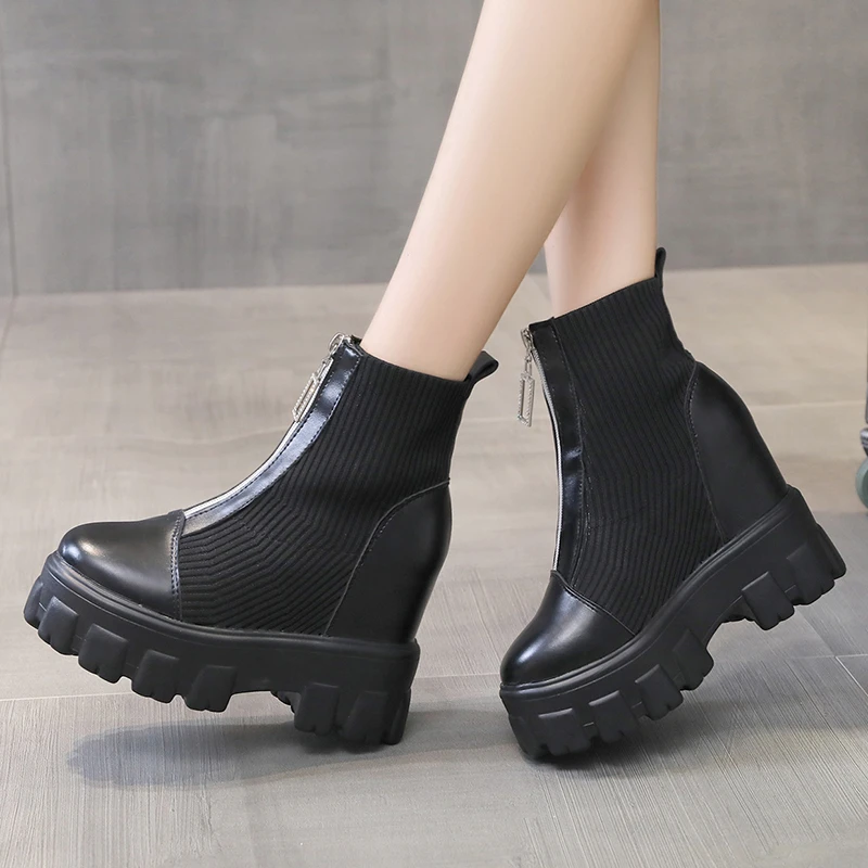 2024 New Winter Ankle Boots Women Quality Platform Boots Female Fashion Short Boot Black 11cm High Heel Zip Women Sock Shoes