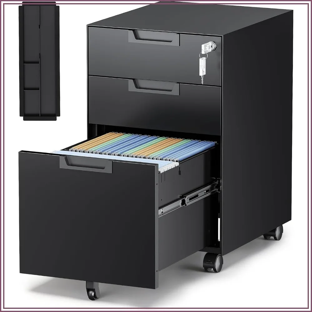 3-Drawer File Cabinet with Lock, Under Desk Rolling Filing Cabinet for Legal/Letter/A4, Black