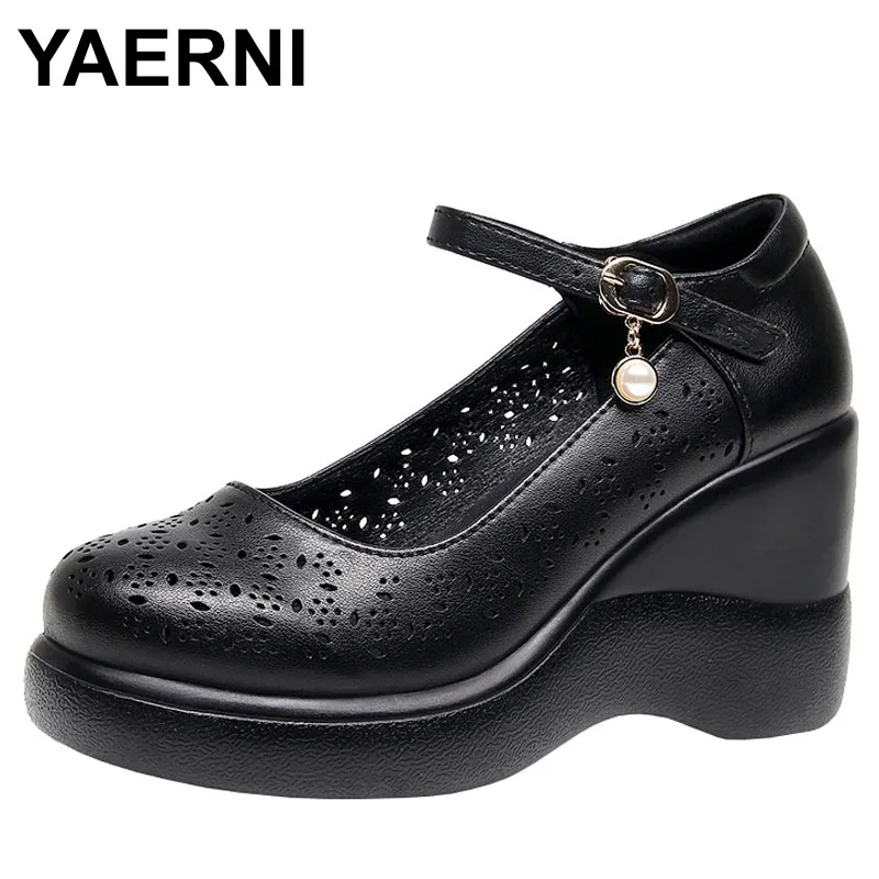 

8cm Small Size 32-43 Breathable Comfortable Shallow Soft Leather Spring High Heels Platform Wedges Shoes Office