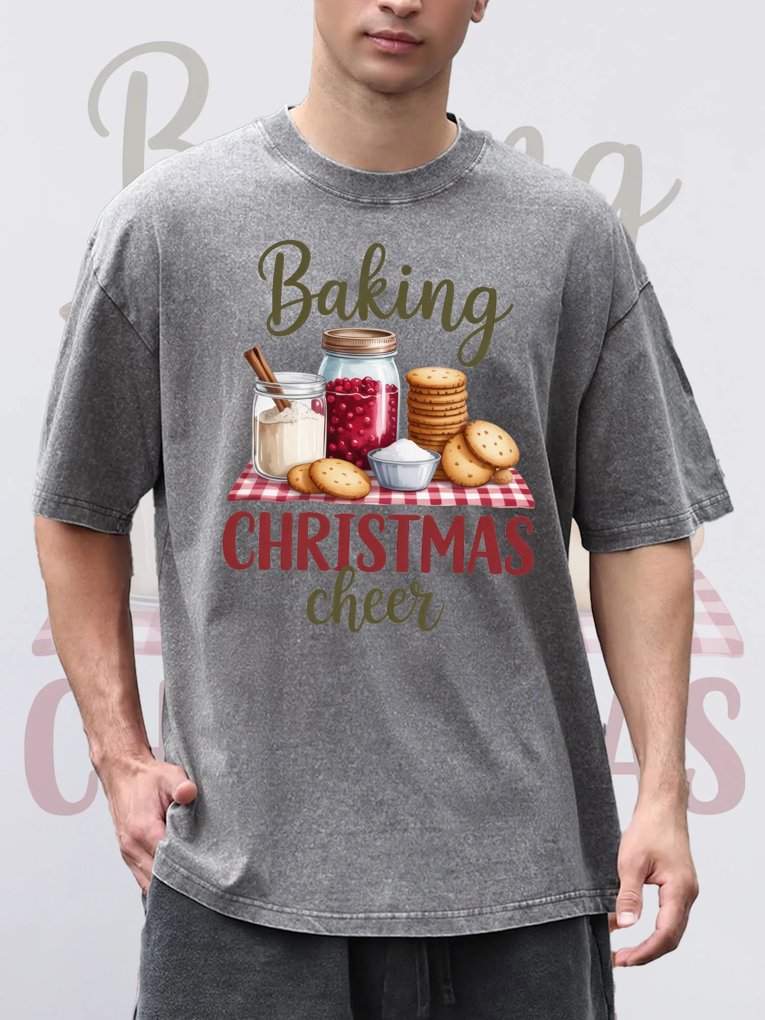 

Men's T-Shirts Baking CHRISTMAS Cheer Printed Grey Short-Sleeve Crew Neck Loose Summer 100% Cotton Acid Washed Christmas
