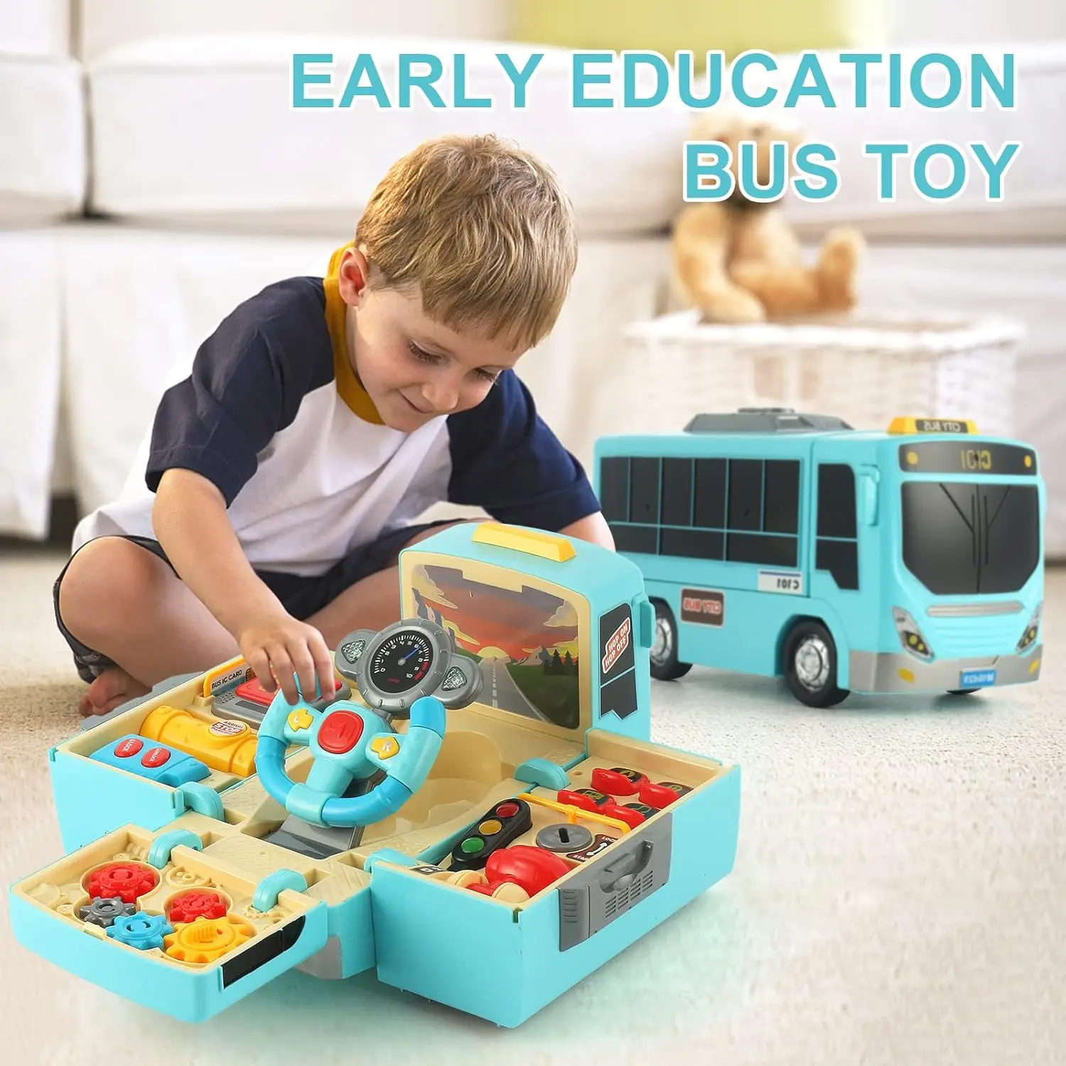 Bus Toy with Sound and Light, Montessori Busy Box,  Music Education Knowledge Toddlers Bus Toys  for Boys & Girls