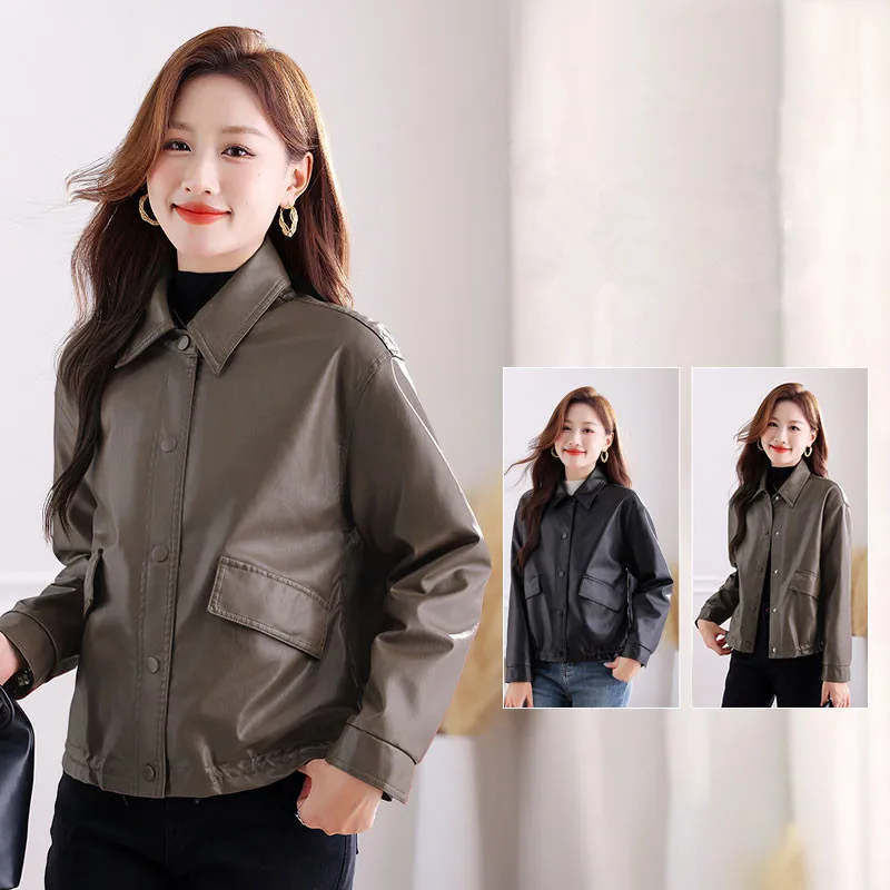 Nuova versione coreana moda invernale versatile giacca corta in pelle Pu per donna cappotto casual allentato colletto primaverile e autunnale femminile