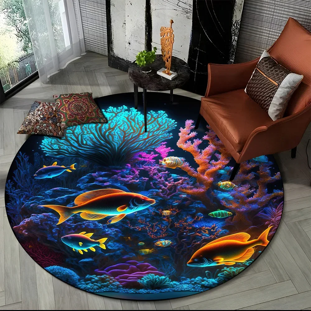 Underwater World Seabed Fish Dolphin Cartoon Round Carpet Rug for Living Room Bedroom Kids Decor,Pet Area Rug Non-slip Floor Mat