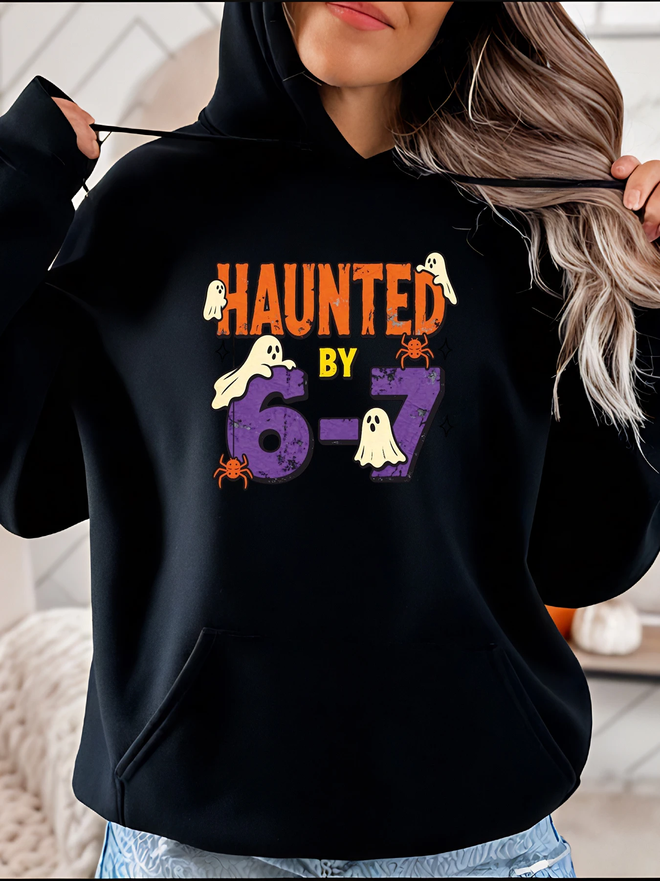 

Haunted by 6-7 Halloween Ghost Spider Print Hoodie Women's Casual Autumn Winter Sweatshirt for Girls and Women