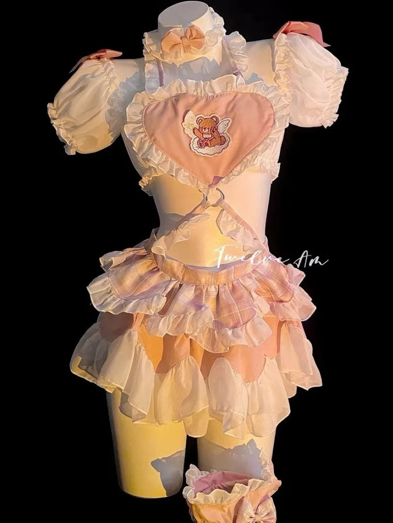 Vestido de princesa bonito de sirvienta rosa, disfraz de sirvienta Lolita, vestido de pastel para mujer, vestido con volantes de encaje con estampado de oso, encantador dulce puro deseo PEK5