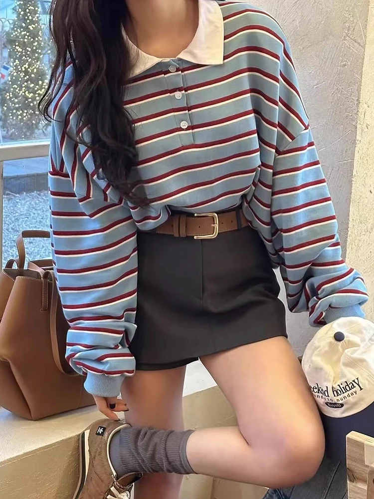 

Loose Fit Women's Ne Sweatirt Thin Vertical Stripes Casual Top Spring New Sle Retro Versatile Color Blo Korean V...